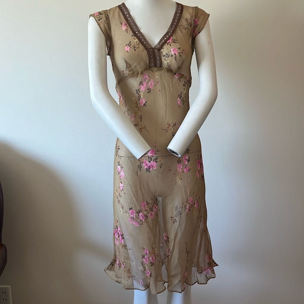 Vintage Betsy Johnson Shear Tan Floral Size S Dress New With Tag